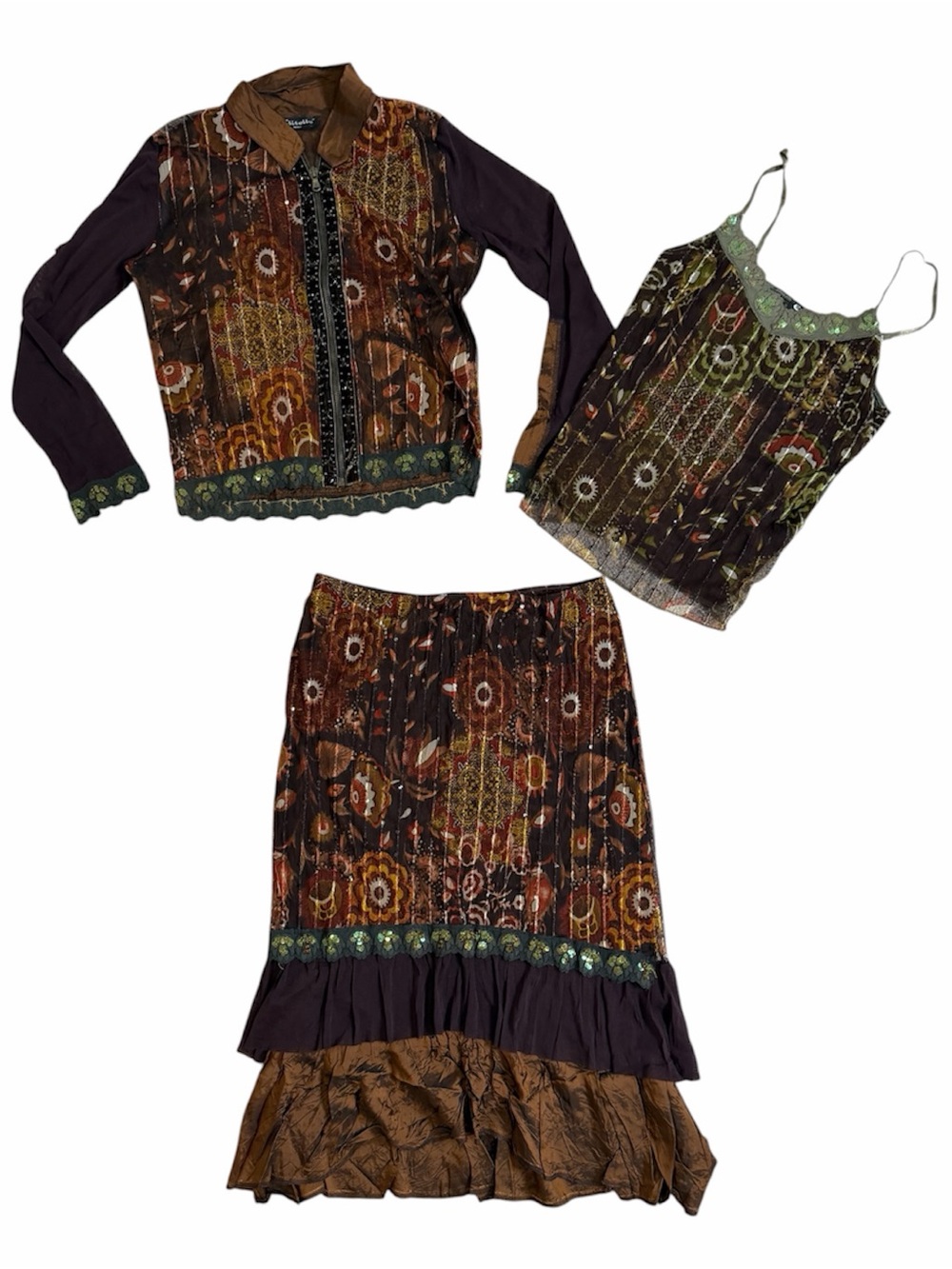 Vintage Elitelle Paris Y2K Romantic Boho Sequin Mesh 3-Piece Set